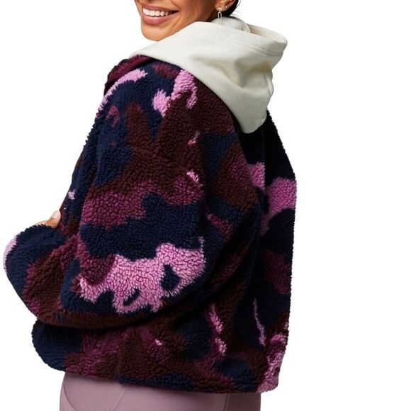 Fabletics Tahoe Teddy  Fleece Jacket Snap Front Camo Merlot Black Pink L bv - Picture 2 of 11